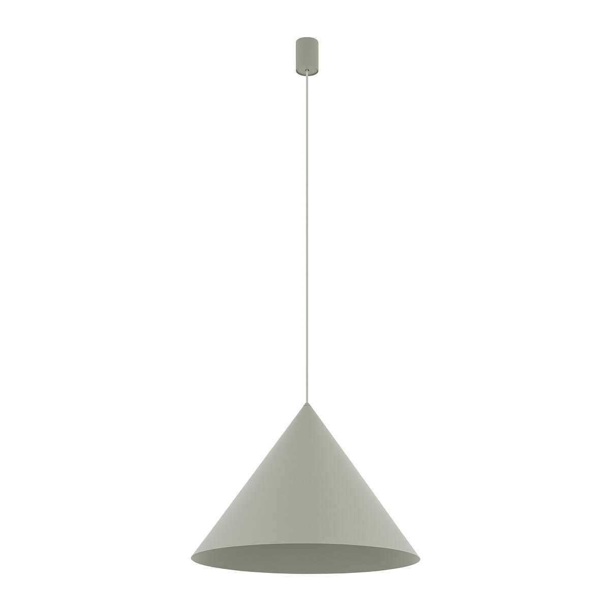Lampa wisząca Zenith L w kolorze szałwiowym, o kształcie stożkowym. Posiada jedno miejsce na żarówkę GU10. Zawieszona na cienkim przewodzie, z prostym mocowaniem sufitowym. Tło białe, podkreślające minimalistyczny design.