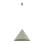 Lampa wisząca Zenith L w kolorze szałwiowym, o kształcie stożkowym. Posiada jedno miejsce na żarówkę GU10. Zawieszona na cienkim przewodzie, z prostym mocowaniem sufitowym. Tło białe, podkreślające minimalistyczny design.