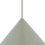 Lampa wisząca Zenith L w kolorze szałwii, o stożkowym kształcie. Wykonana z matowego materiału, zawieszona na cienkim przewodzie. Widoczny element montażowy u góry. Przeznaczona na jedną żarówkę GU10.