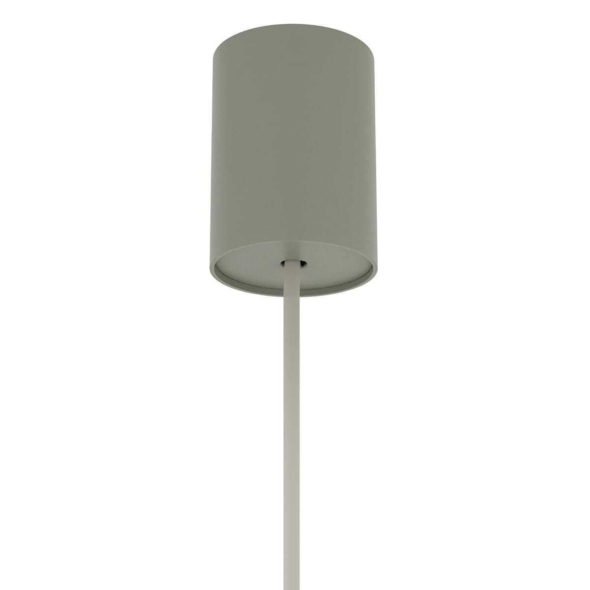 Lampa wisząca Zenith L w kolorze szałwii, z cylindrycznym kloszem i pojedynczym źródłem światła GU10, zawieszona na cienkim przewodzie. Ujęcie z dołu, ukazujące gładką powierzchnię klosza.