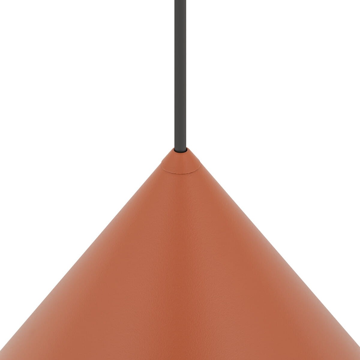Lampa wisząca Zenith L w kolorze ceglastym, wykonana z matowego materiału, o kształcie stożka. Zawieszona na cienkim, czarnym przewodzie, prezentuje minimalistyczny design. Idealna do nowoczesnych aranżacji wnętrz.