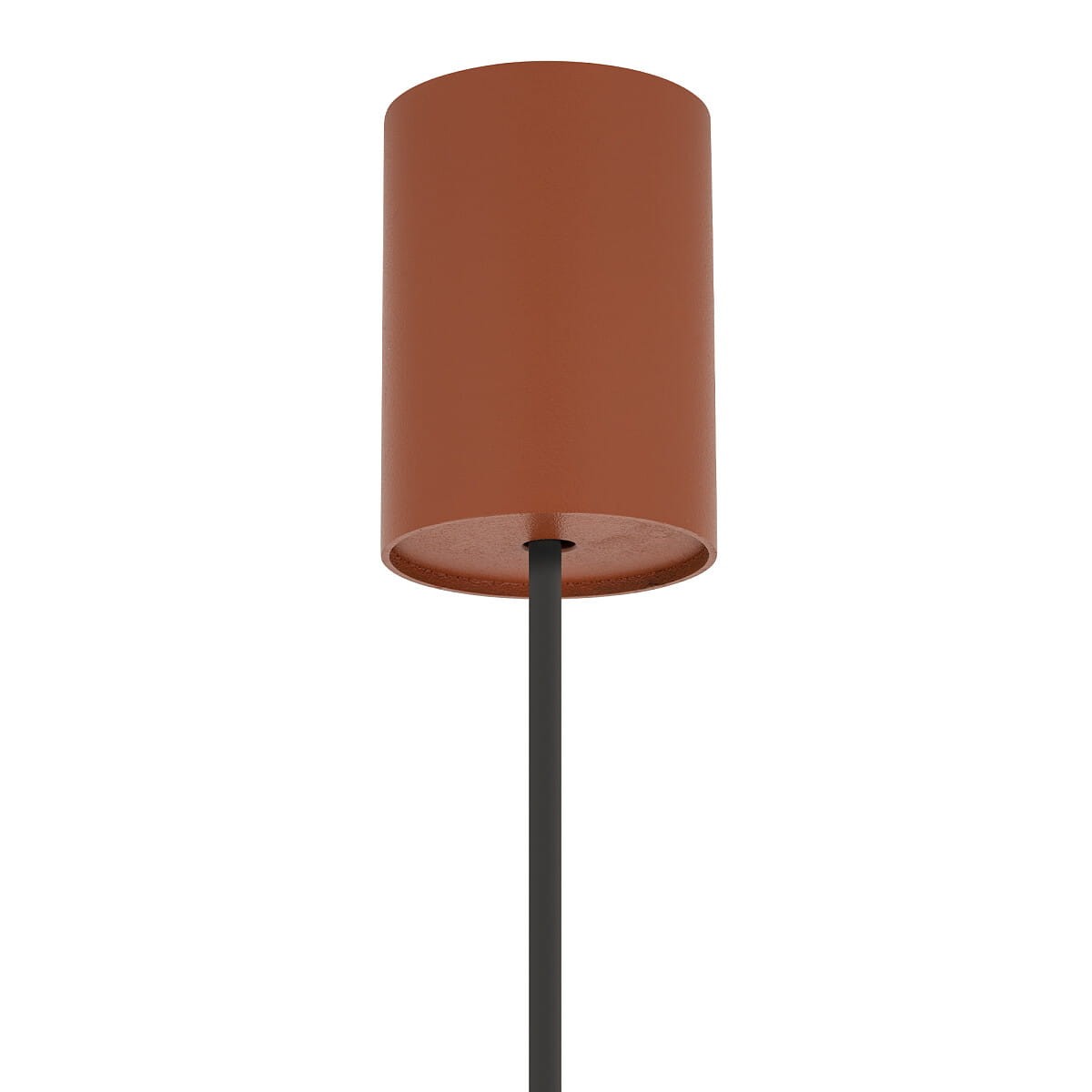 Lampa wisząca Zenith L w kolorze ceglanym, z cylindrycznym kloszem o matowej powierzchni, zawieszona na cienkim, czarnym przewodzie. Klosz jest otwarty od dołu, przeznaczony na żarówkę GU10. Tło białe, podkreślające wygląd lampy.