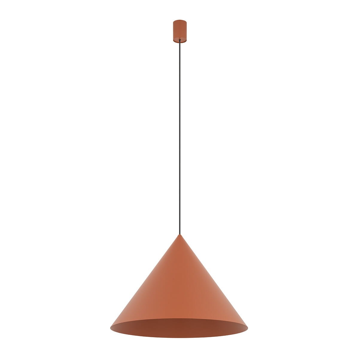 Lampa wisząca Zenith L w kolorze ceglanym, wykonana z metalu, w kształcie stożka. Posiada czarny przewód i sufitowy uchwyt. Idealna do nowoczesnych wnętrz, zawieszona w pozycji pionowej. Wykorzystuje żarówkę GU10.