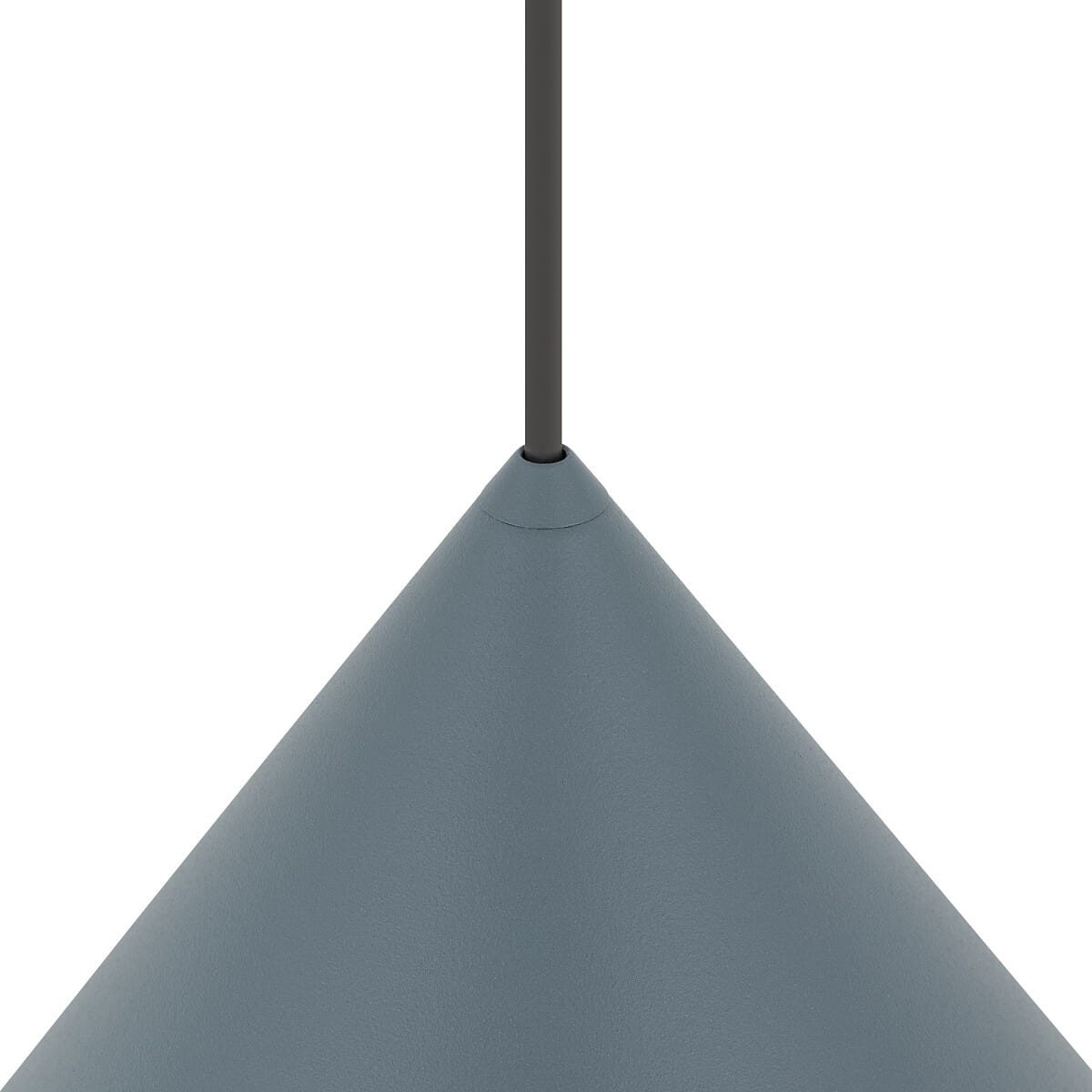 Niebieska lampa wisząca Zenith L z jednym gniazdem GU10, o stożkowym kształcie, zawieszona na cienkim czarnym przewodzie. Widoczna tekstura matowego materiału. Kąt ujęcia: z góry.