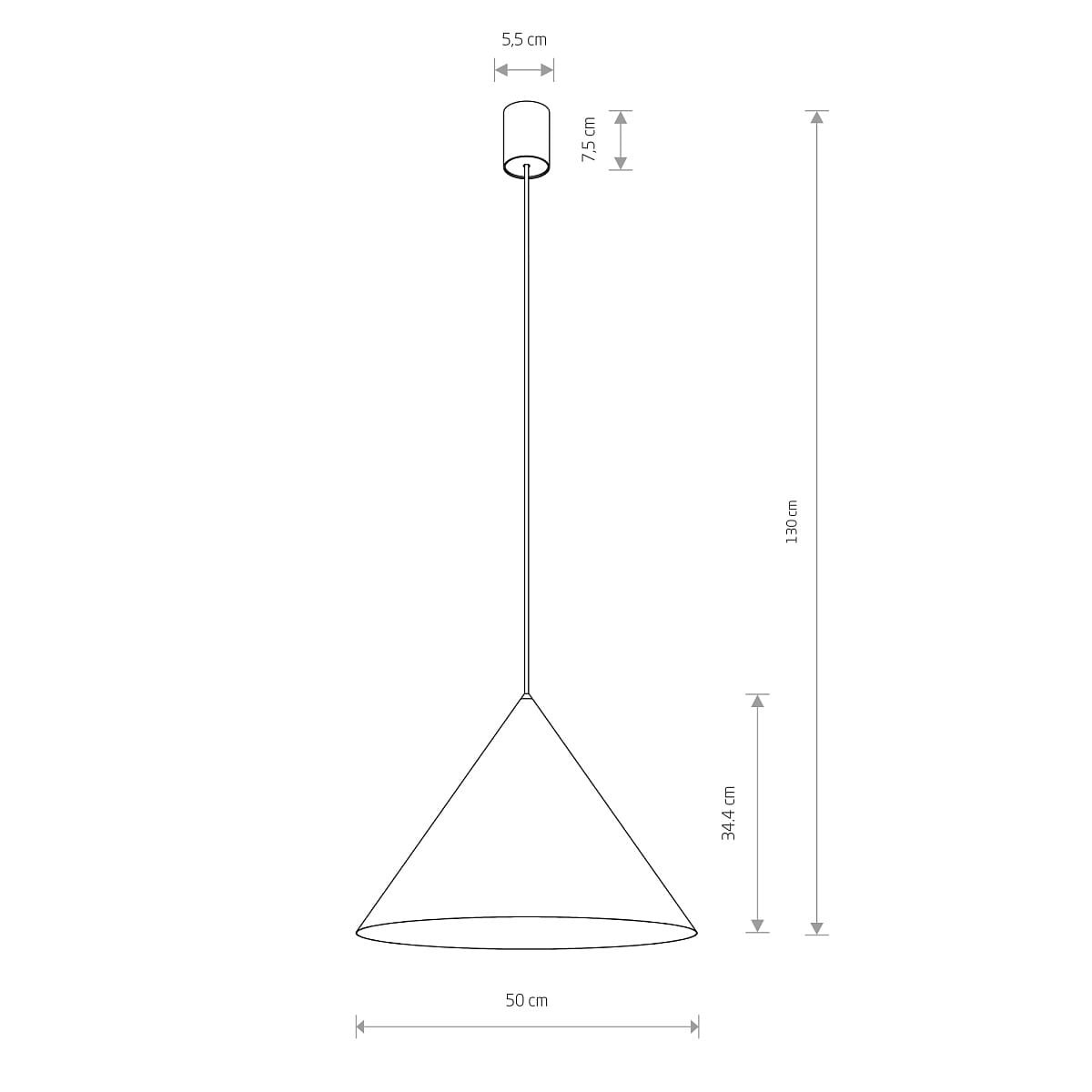 Lampa wisząca Zenith L w kolorze niebieskim, z kloszem w kształcie stożka o średnicy 50 cm i wysokości 34,4 cm. Wisi na cienkim przewodzie o długości 130 cm. Umożliwia użycie żarówki GU10. Montaż sufitowy, minimalistyczny design.