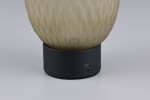 Lampa stołowa Facette z przezroczystym kloszem w kształcie owalnym, umieszczona na czarnej podstawie. Widoczny port USB-C z boku podstawy. Klosz ma delikatną, teksturowaną powierzchnię.