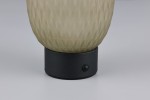 Lampa stołowa Facette w kolorze czarnym i zielonym, z szarym kloszem o teksturze diamentowej. Posiada czarną podstawę z przyciskiem. Widok z boku, ukazujący szczegóły podstawy i klosza.
