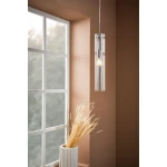 Lampa wisząca Tubo 1-punktowa w stalowej oprawie, transparentna, zamontowana w pobliżu okna. Kształt cylindryczny, z widoczną żarówką wewnątrz. Tło w odcieniach brązu, obok dekoracyjne naczynie z suszonymi roślinami.