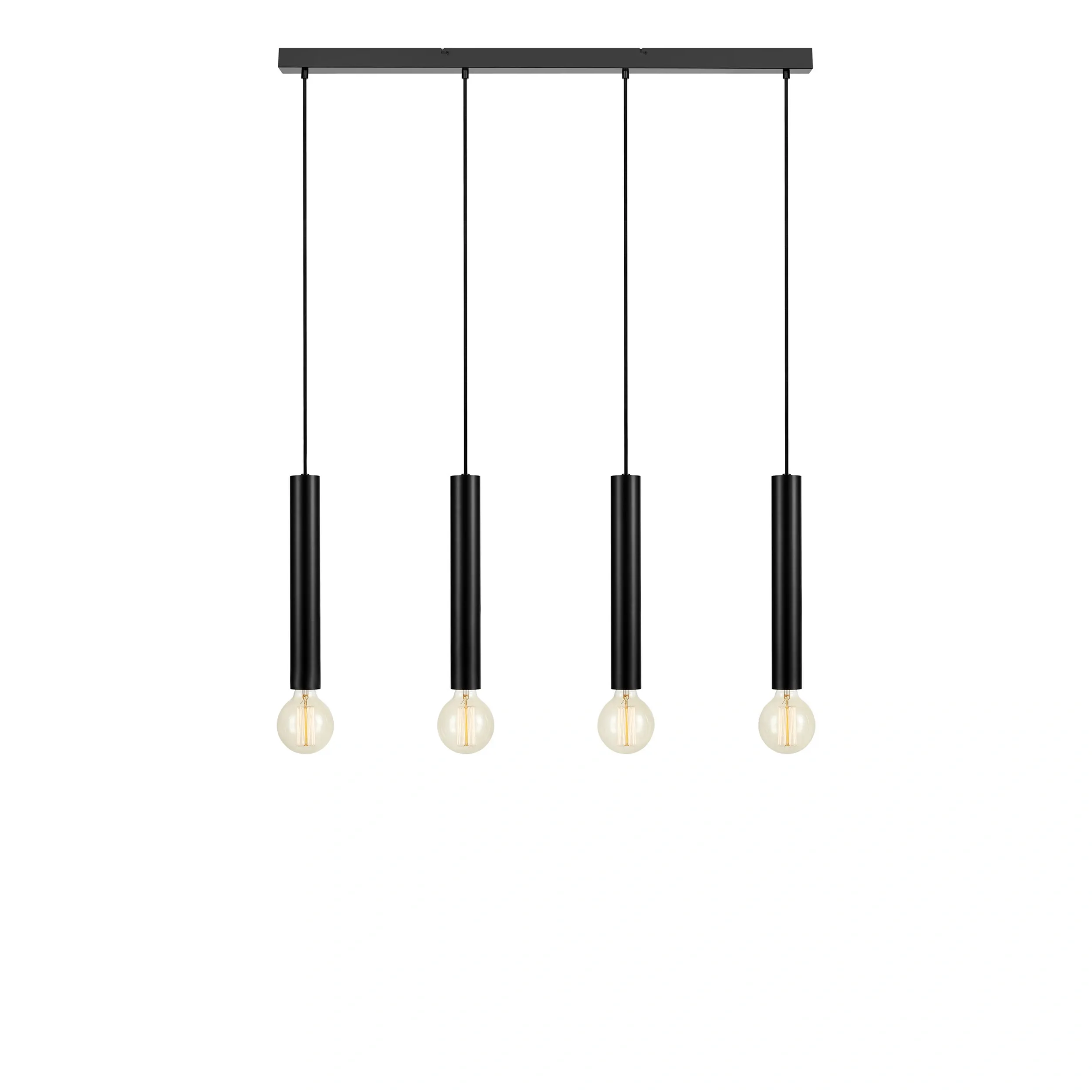 Czarna lampa wisząca Sencillo z 4 punktami świetlnymi, zawieszona na prostokątnej podstawie. Każdy z punktów ma cylindryczny uchwyt i okrągłą, przezroczystą żarówkę. Lampa wisi na cienkich linkach, na białym tle.