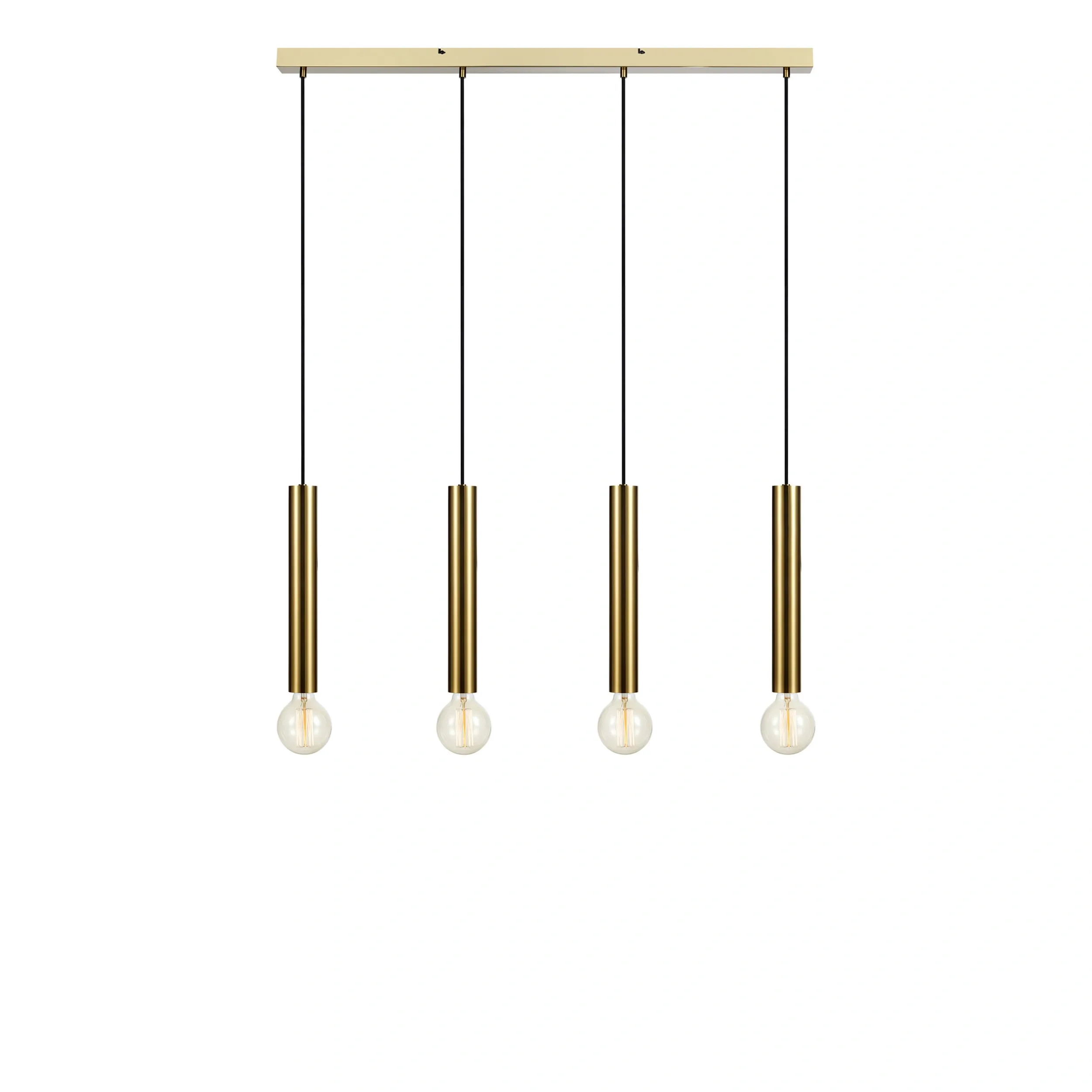 Lampa wisząca Sencillo 4-punktowa w kolorze mosiądzu. Cztery cylindryczne uchwyty o błyszczącej powierzchni zawieszone na czarnych przewodach. Prosta konstrukcja z metalowym wspornikiem, idealna do nowoczesnych wnętrz.