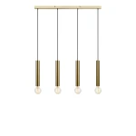 Lampa wisząca Sencillo 4-punktowa w kolorze mosiądzu. Cztery cylindryczne uchwyty o błyszczącej powierzchni zawieszone na czarnych przewodach. Prosta konstrukcja z metalowym wspornikiem, idealna do nowoczesnych wnętrz.