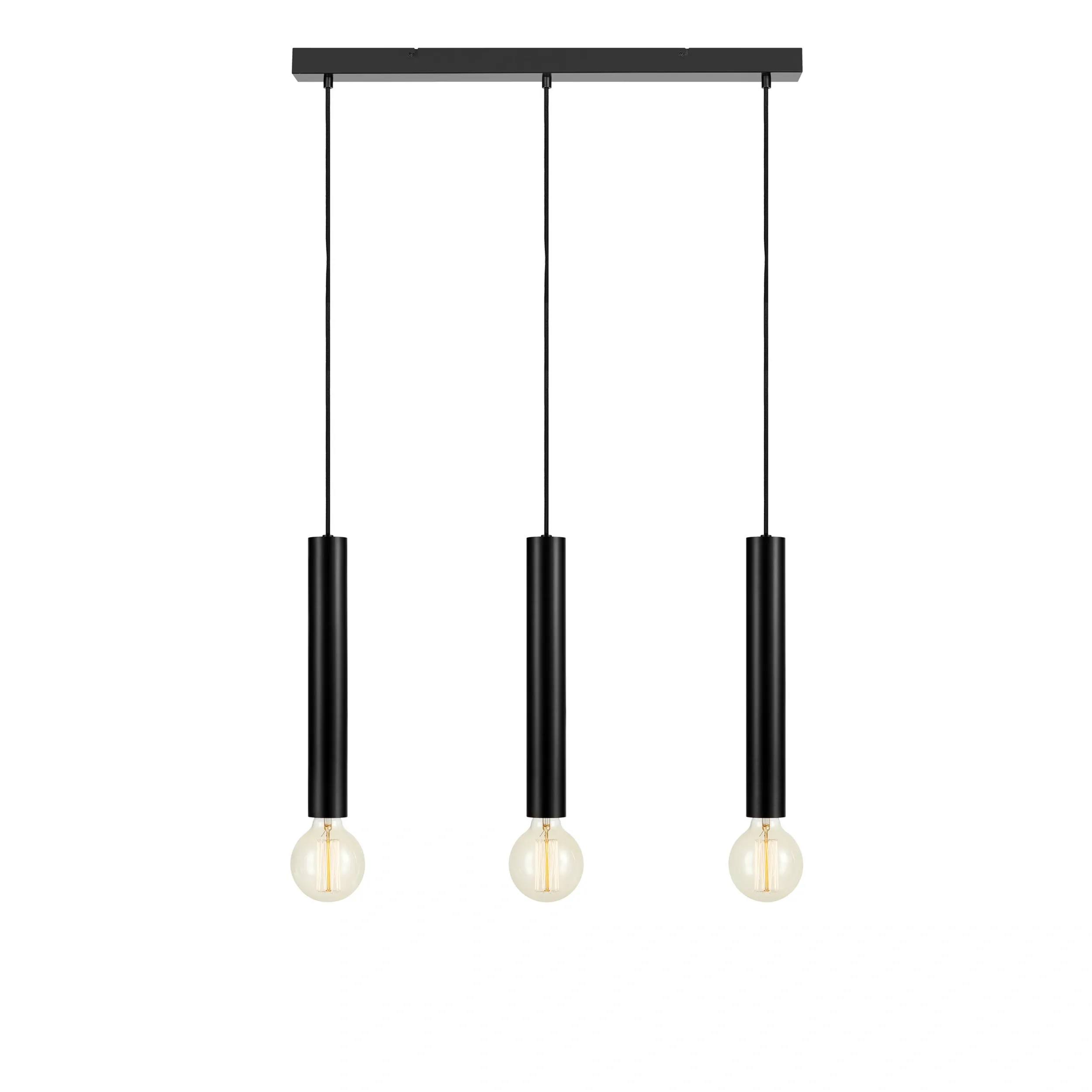 Czarna lampa wisząca Sencillo 3-punktowa, z trzema smukłymi, cylindrycznymi oprawami na żarówki, zawieszona na cienkich linkach. Umożliwia równomierne oświetlenie przestrzeni, idealna do nowoczesnych wnętrz.