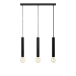Czarna lampa wisząca Sencillo 3-punktowa, z trzema smukłymi, cylindrycznymi oprawami na żarówki, zawieszona na cienkich linkach. Umożliwia równomierne oświetlenie przestrzeni, idealna do nowoczesnych wnętrz.