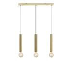 Lampa wisząca Sencillo 3-punktowa w kolorze mosiądzu. Składa się z trzech cylindrycznych opraw z przezroczystymi żarówkami, zawieszonych na czarnych linkach. Montaż na prostokątnej podstawie w kolorze mosiądzu.