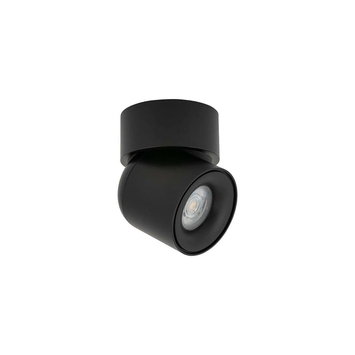 Czarna lampa sufitowa Oscar z jednym punktem świetlnym GU10, o stopniu ochrony IP54. Produkt w kształcie cylindrycznym, montowany na suficie, z regulowanym kątem świecenia. Prosta konstrukcja, matowa powierzchnia.