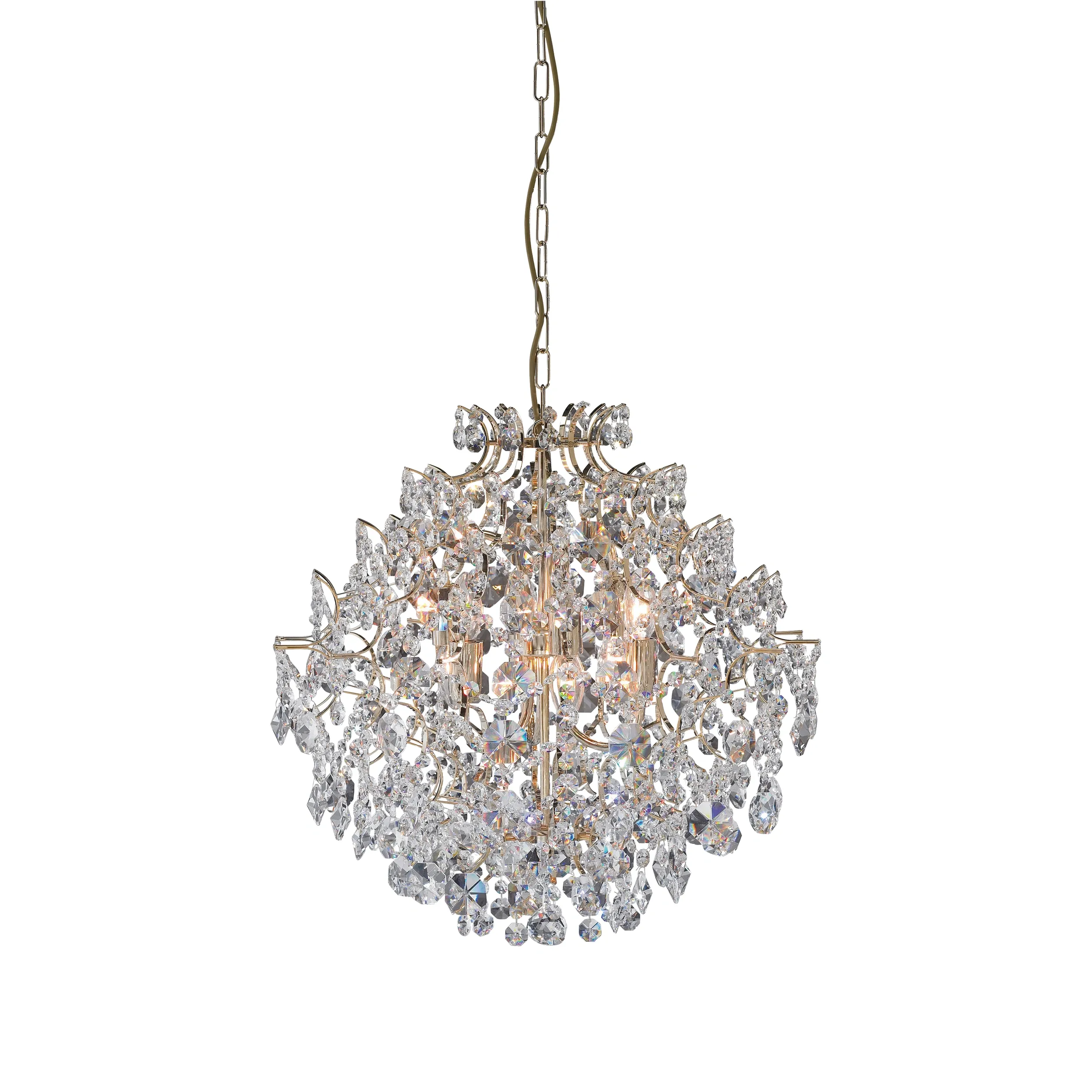 Lampa wisząca Rosendal 6-punktowa w kolorze złotym z kryształowymi zdobieniami. Okrągły kształt, zawieszona na łańcuchu. Widoczne źródła światła otoczone przez kryształowe liście, tworzące elegancki efekt świetlny.
