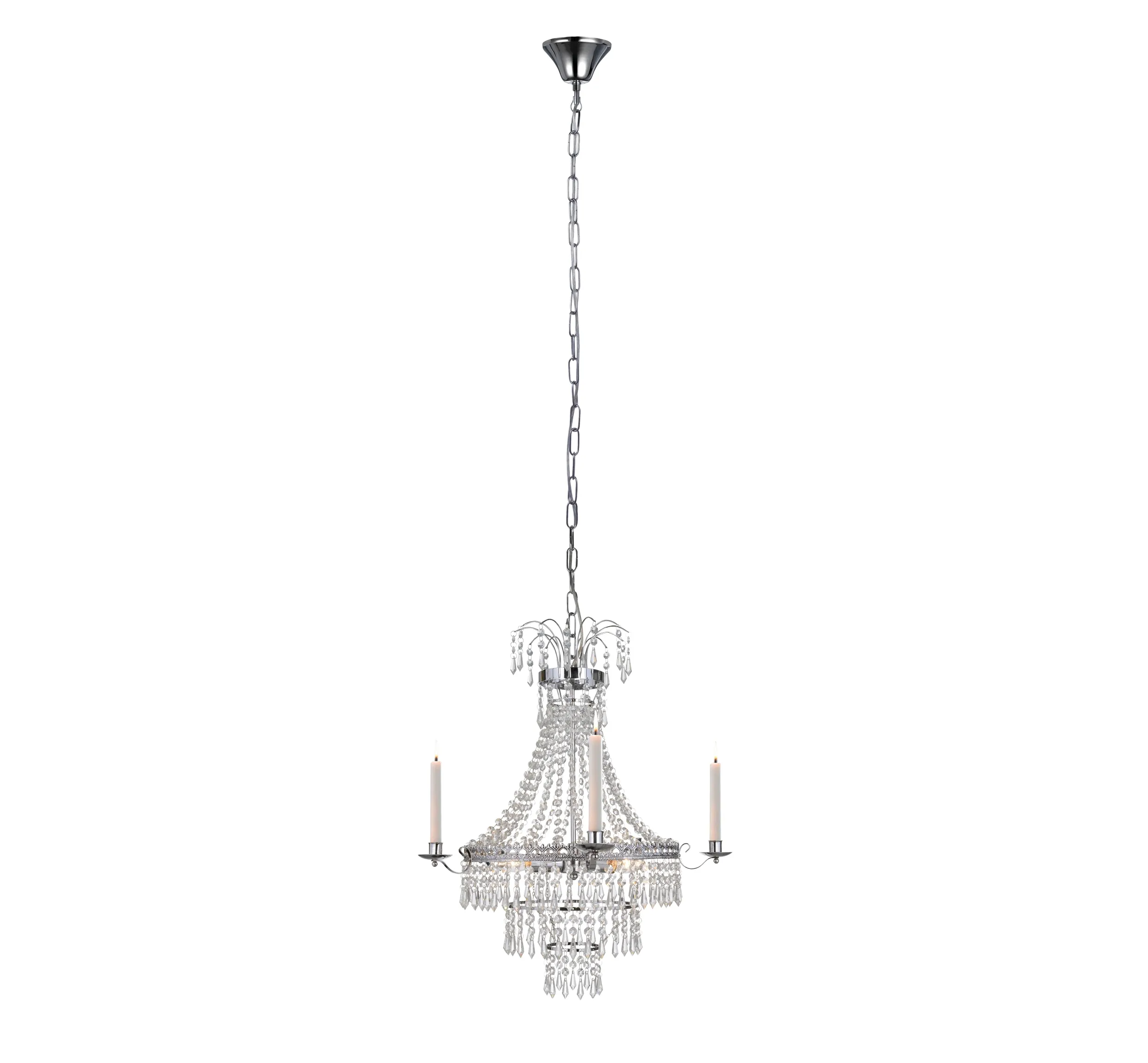 Lampa wisząca Marielund 3-punktowa w chromowanej obudowie z wiszącymi kryształkami. Posiada trzy miejsca na świeczki, zawieszona na łańcuchu, z eleganckim kloszem i dekoracyjnymi detalami. Idealna do aranżacji wnętrz.