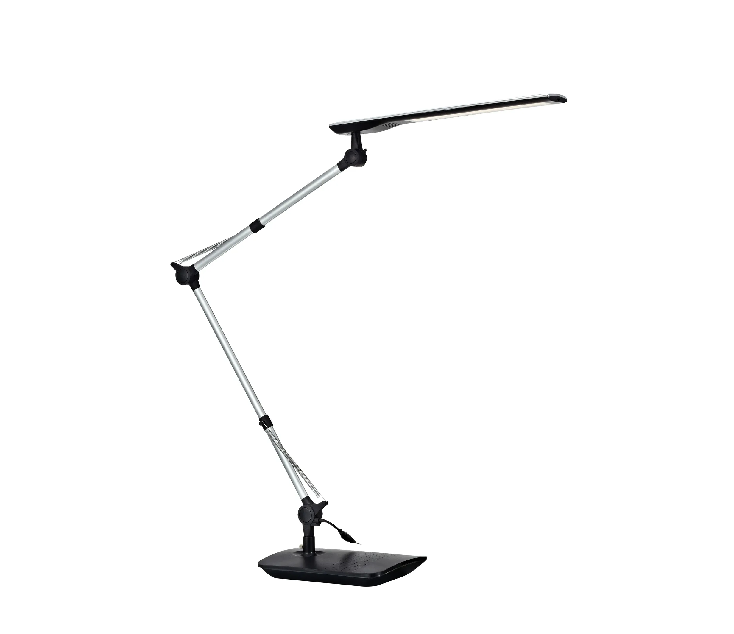 Lampka stołowa LED Study w kolorze srebrnym, z regulowanym ramieniem i prostokątną podstawą. Ujęcie z boku, ukazujące elastyczność i nowoczesny design. Idealna do biura lub nauki.