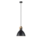 Lampa wisząca Eagle D22 w kolorze czarnym z metalowym kloszem i drewnianym uchwytem. Zawieszona na cienkim przewodzie, w prostym, nowoczesnym stylu. Idealna do oświetlenia wnętrz.