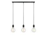 Lampa wisząca Sky 3-punktowa w kolorze czarnym z trzema przezroczystymi kloszami. Ujęcie frontalne, zawieszona na metalowej listwie, z długimi przewodami. Oświetlenie minimalistyczne, idealne do nowoczesnych wnętrz.