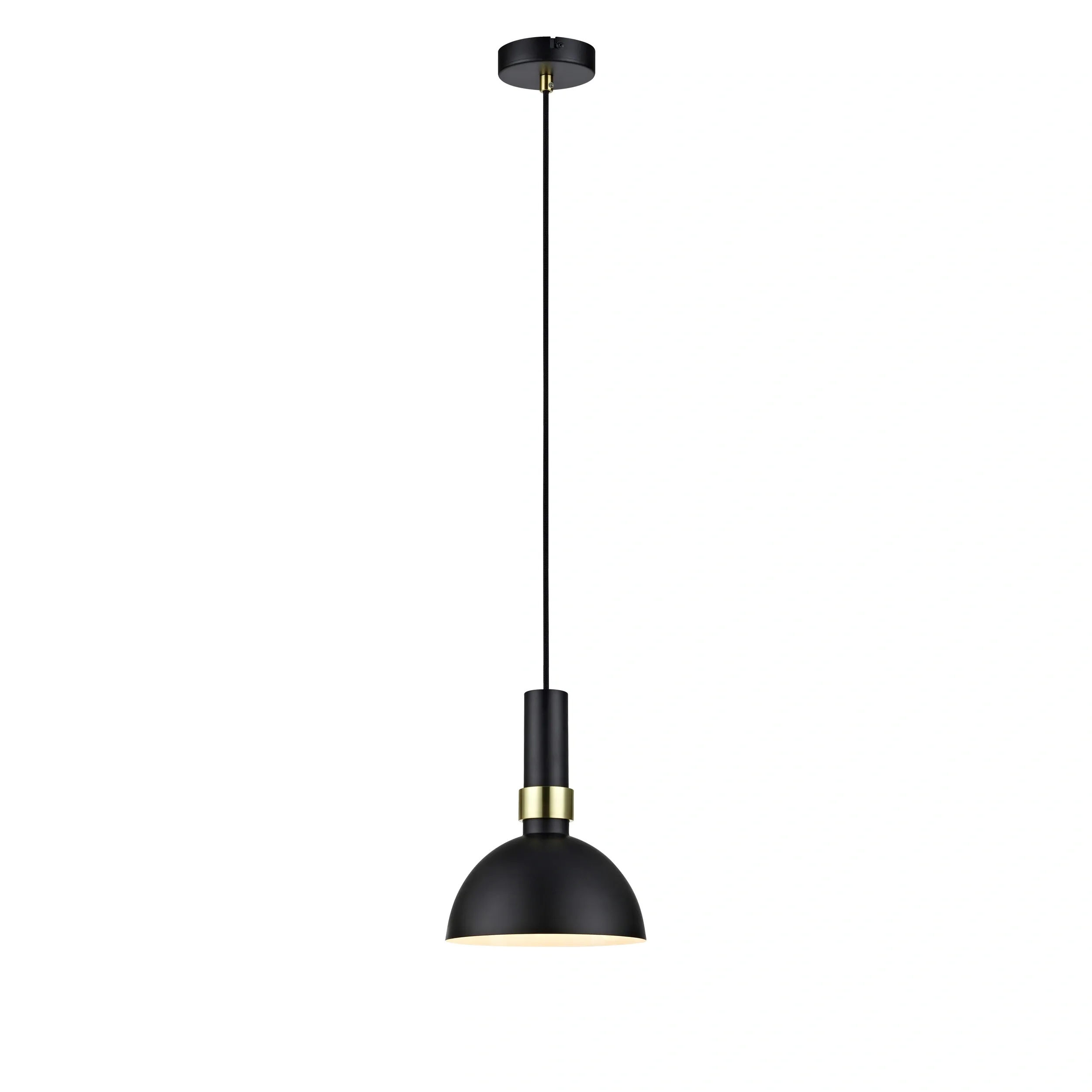 Lampa wisząca Larry 1-punktowa w kolorze czarnym z detalami w złocie. Posiada okrągły klosz z matowego metalu oraz prostą, elegancką konstrukcję. Zawieszona na cienkim kablu, idealna do nowoczesnych wnętrz.