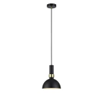 Lampa wisząca Larry 1-punktowa w kolorze czarnym z detalami w złocie. Posiada okrągły klosz z matowego metalu oraz prostą, elegancką konstrukcję. Zawieszona na cienkim kablu, idealna do nowoczesnych wnętrz.