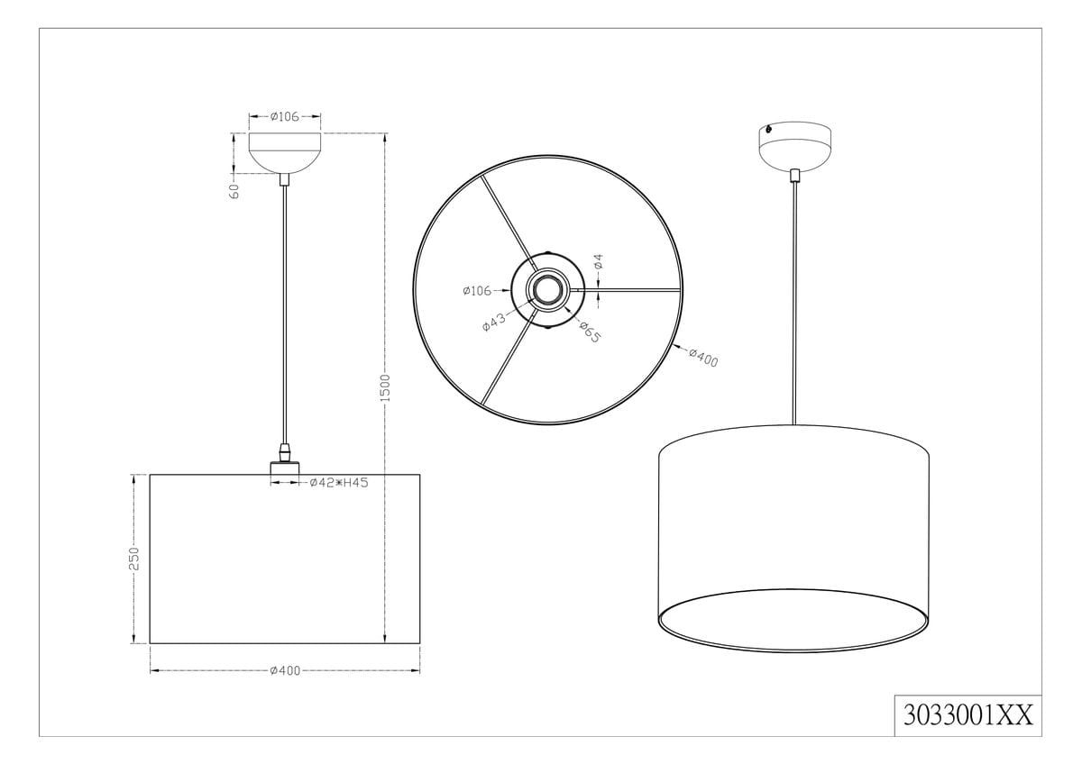 Lampa wisząca w kolorze szarym, z jednym gwintem E27. Okrągły klosz o średnicy 40 cm i wysokości 25 cm, zawieszony na przewodzie o długości 150 cm. Stelaż montażowy o średnicy 10,6 cm. Prosta, cylindryczna forma, idealna do nowoczesnych wnętrz.