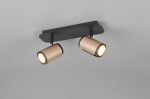 Lampa sufitowa Gillan z dwoma reflektorami w kolorze czarnym i kawowym. Ułożona poziomo na prostokątnej podstawie. Reflektory o cylindrycznym kształcie, z widocznymi żarówkami GU10, skierowane w różnych kierunkach. Tło jasnoszare.