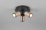 Lampa sufitowa Gillan w kolorze czarnym i kawowym, z trzema punktowymi źródłami światła GU10. Ujęcie z góry, pokazujące cylindryczne klosze z metalicznymi detalami, zamocowane na okrągłej podstawie, w prostej aranżacji na szarym tle.