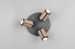Lampa sufitowa Gillan w kolorze czarnym i kawowym z trzema reflektorami GU10. Reflektory mają cylindryczny kształt z elementami w odcieniu kawy, zamontowane na okrągłej podstawie. Ujęcie z góry, pokazujące całość lampy.