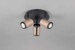 Lampa sufitowa Gillan w kolorze czarnym i kawowym z trzema reflektorami GU10. Ułożona w sposób wiszący, z okrągłą podstawą, posiada metalowe obudowy w odcieniu kawy oraz czarne detale. Widoczne są źródła światła w centralnej części.