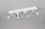 Lampa sufitowa Gillan w kolorze białym i niklu, z czterema reflektorami GU10. Reflektory mają cylindryczny kształt, umieszczone na prostokątnej podstawie. Ujęcie frontalne, pokazujące lampę zamontowaną na szarym tle.