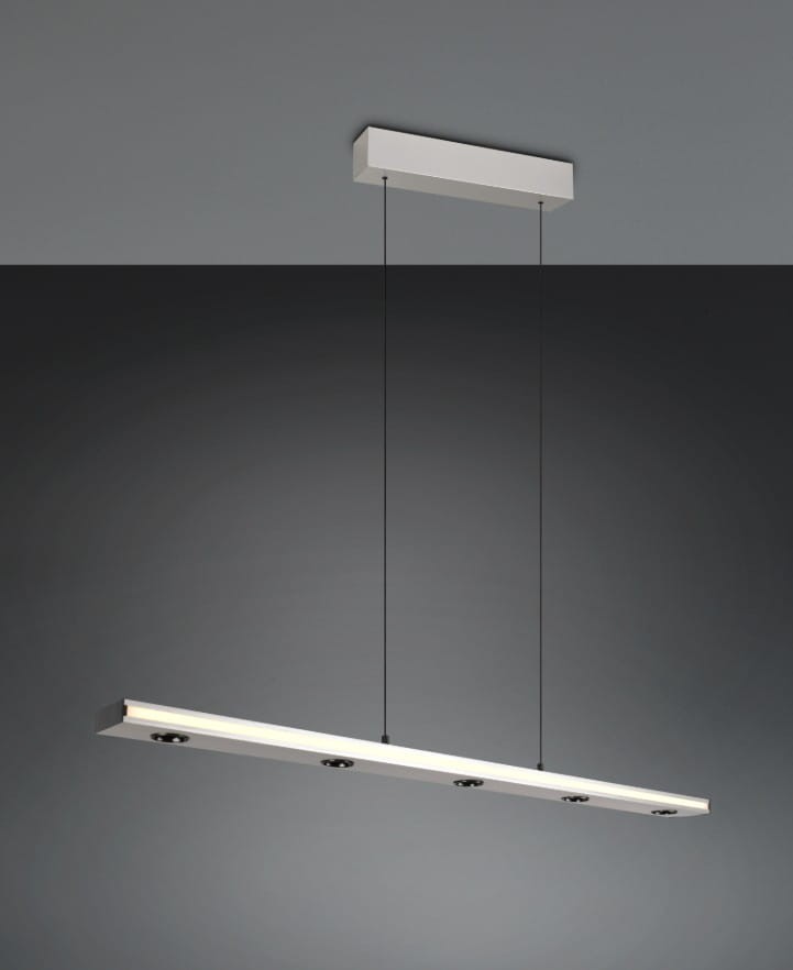 Lampa wisząca Graham z niklowanym wykończeniem, 8 źródłami LED, długość 41,5 cm. Prosta forma, zawieszona na cienkich linkach, z białym kloszem, prezentująca nowoczesny design w minimalistycznym stylu.