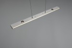 Lampa wisząca Graham w kolorze niklu, o prostokątnej formie, z 8 diodami LED. Zawieszona na cienkich linkach, z widocznymi otworami montażowymi. Wąska krawędź z oświetleniem, minimalistyczny design, umieszczona na szarym tle.