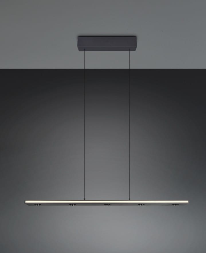 Lampa wisząca Graham z ośmioma diodami LED, moc 41,5W, w kolorze czarnym. Posiada prostokątną, cienką konstrukcję z zawieszeniem na dwóch cienkich linkach. Montaż sufitowy, minimalistyczny design, idealna do nowoczesnych wnętrz.