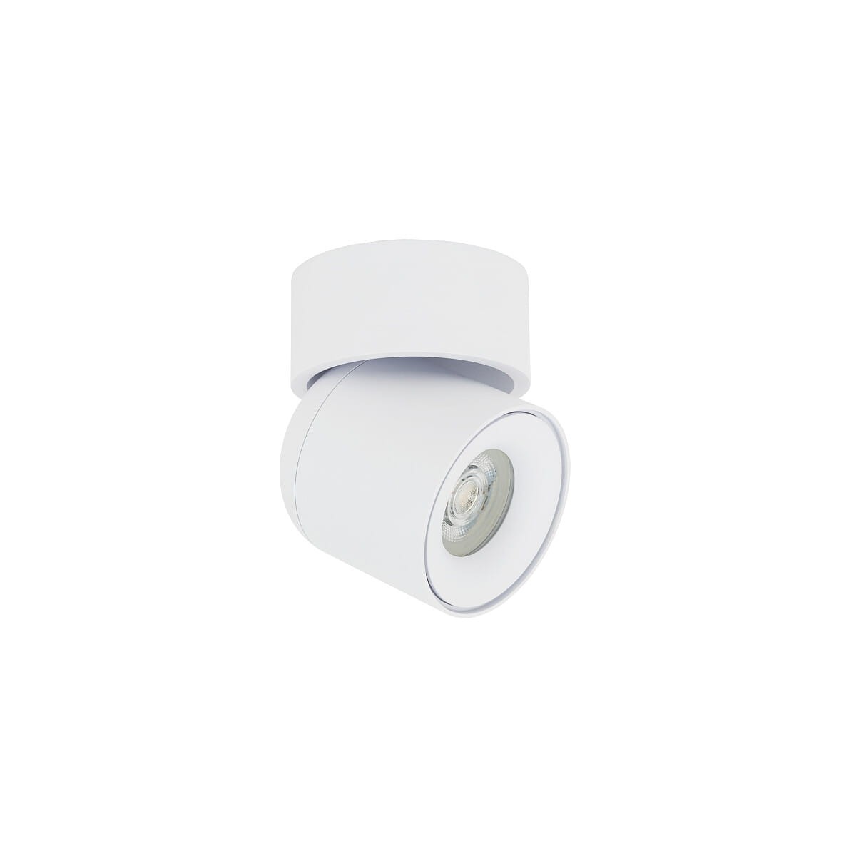 Biała lampa sufitowa Oscar w formie spotu z jednym źródłem światła GU10, o stopniu ochrony IP54. Ujęcie z boku, ukazujące okrągłą głowicę lampy oraz cylindryczny uchwyt. Prosty, minimalistyczny design, idealna do wnętrz.
