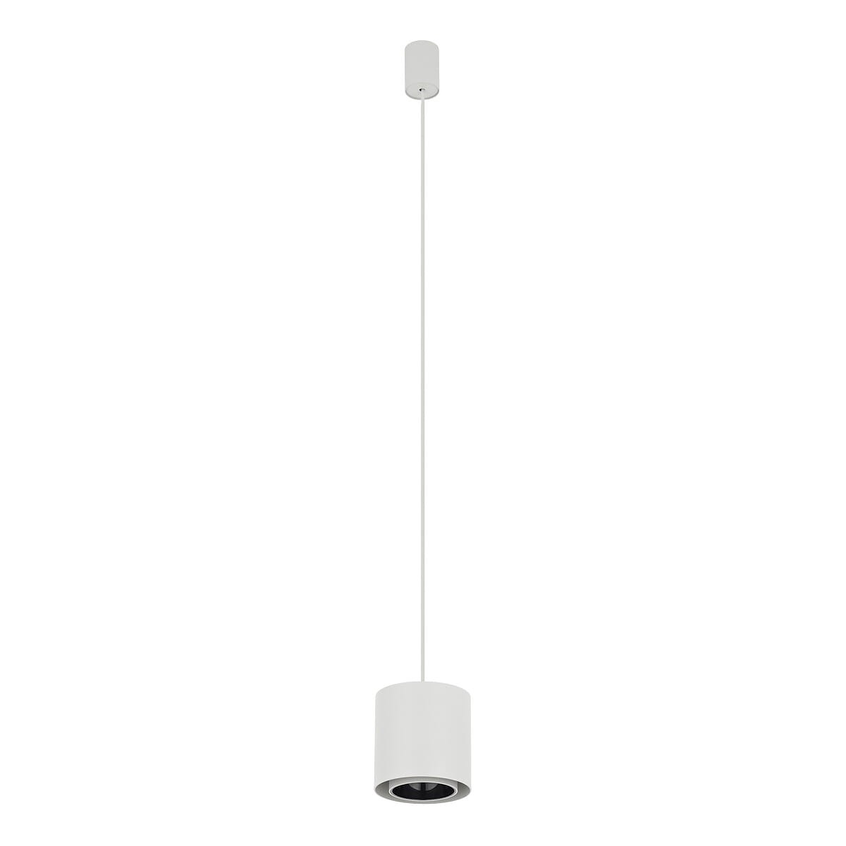 Lampa wisząca Point Duo, kolor biały z czarnym wnętrzem, z pojedynczym gniazdem GU10. Okrągła obudowa zawieszona na cienkim, białym przewodzie. Prosty design, idealna do nowoczesnych wnętrz. Ujęcie frontalne, na jednolitym tle.