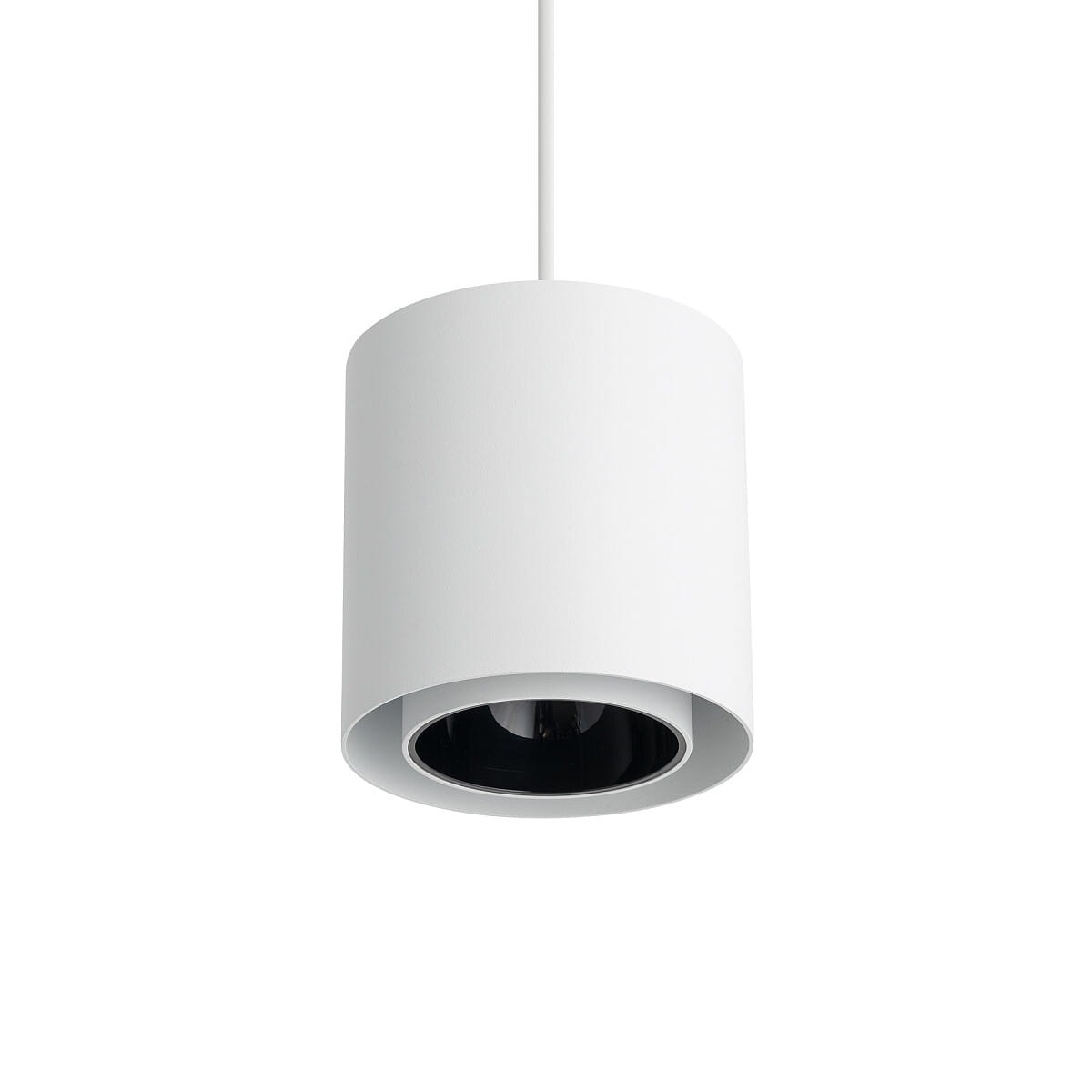 Lampa wisząca Point Duo 1xGU10 w kolorze białym z czarnym wnętrzem. Okrągły, matowy klosz z delikatnym wykończeniem. Ujęcie z góry, lampa zawieszona na białym przewodzie. Idealna do nowoczesnych wnętrz.