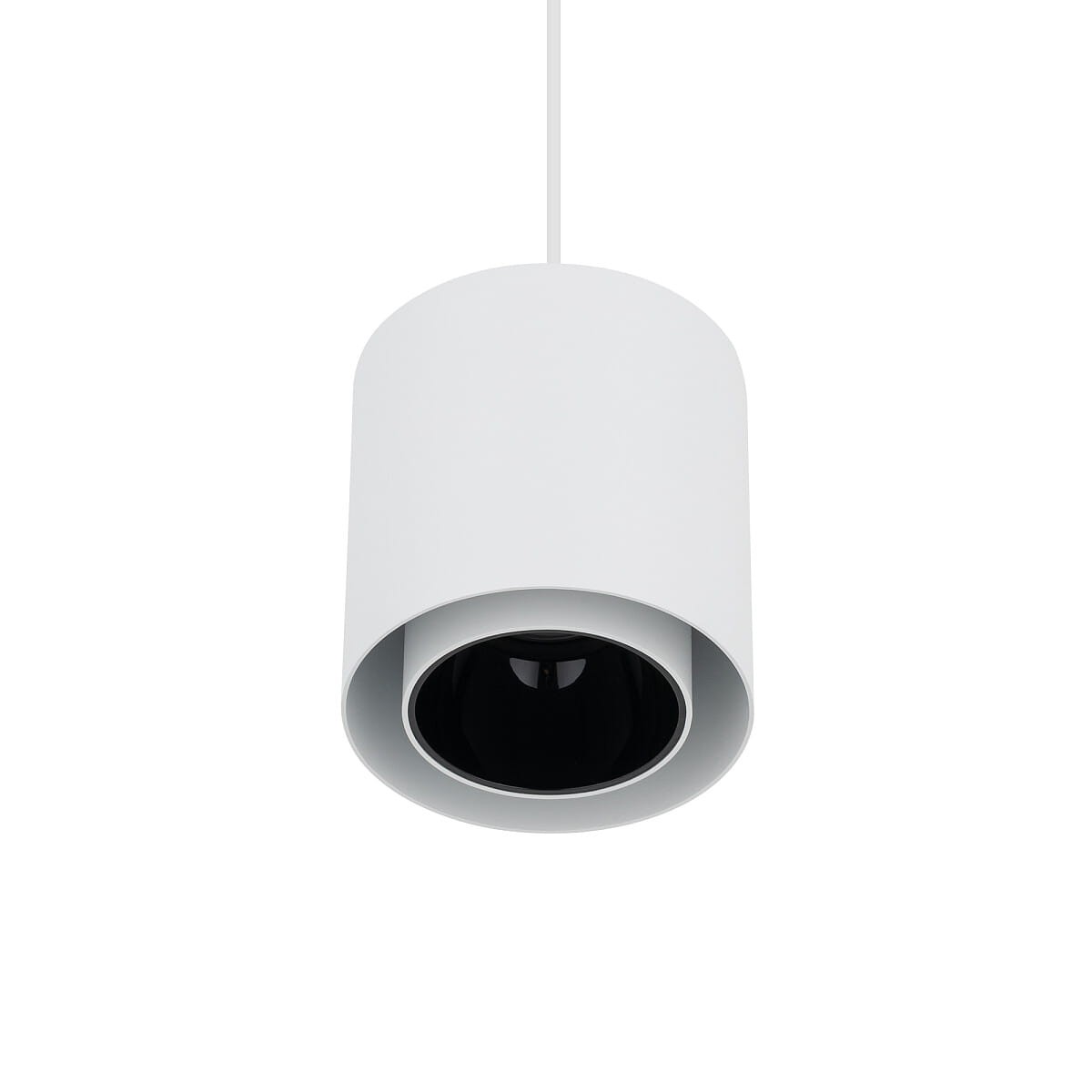 Lampa wisząca Point Duo 1xGU10 w kolorze białym z czarnym wnętrzem. Posiada cylindryczny kształt, zwisająca na białym kablu. Zbliżenie na detale wykończenia oraz kontrastujące kolory podkreślają nowoczesny design.