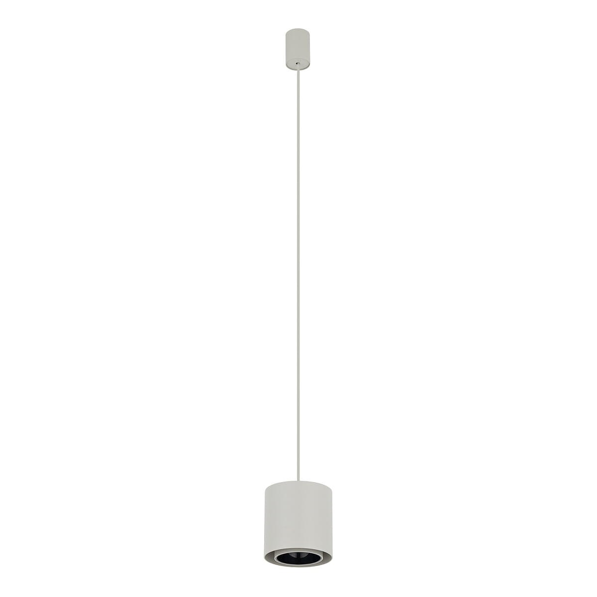 Lampa wisząca Point Duo 1xGU10 w kolorze szarym i czarnym. Cylindryczny klosz z metalowym wykończeniem, zawieszony na cienkim kablu. Idealna do nowoczesnych wnętrz, montowana sufitowo. Tło białe, co podkreśla minimalistyczny design.