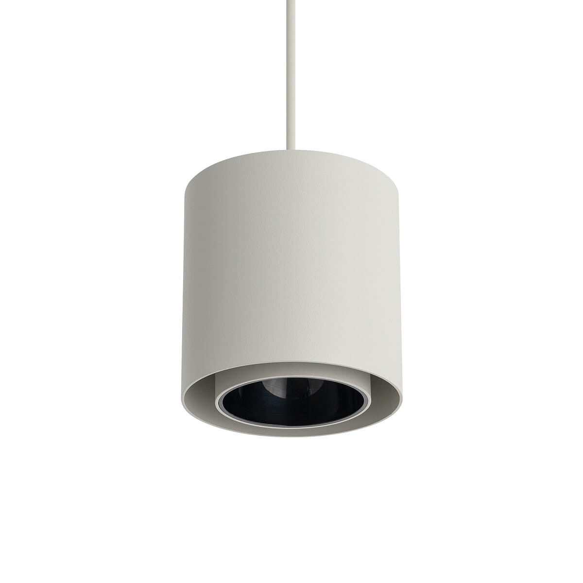 Lampa wisząca Point Duo w kolorze szarym z czarnym wnętrzem, w formie cylindrycznej, zawieszona na białym kablu. Przeznaczona na jedną żarówkę typu GU10. Układ frontalny, ukazujący gładką powierzchnię oraz detale strukturalne.