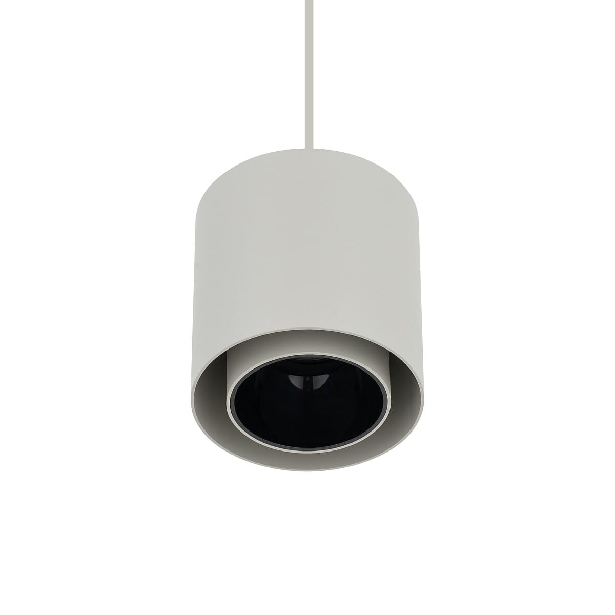 Lampa wisząca Point Duo w kolorze szarym i czarnym z oprawą w formie cylindrycznej. Widoczny pojedynczy gwint GU10, zawieszona na cienkim przewodzie. Kąt ujęcia z góry, ukazujący detale konstrukcji i połączenie kolorów.
