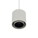 Lampa wisząca Point Duo w kolorze szarym i czarnym z oprawą w formie cylindrycznej. Widoczny pojedynczy gwint GU10, zawieszona na cienkim przewodzie. Kąt ujęcia z góry, ukazujący detale konstrukcji i połączenie kolorów.