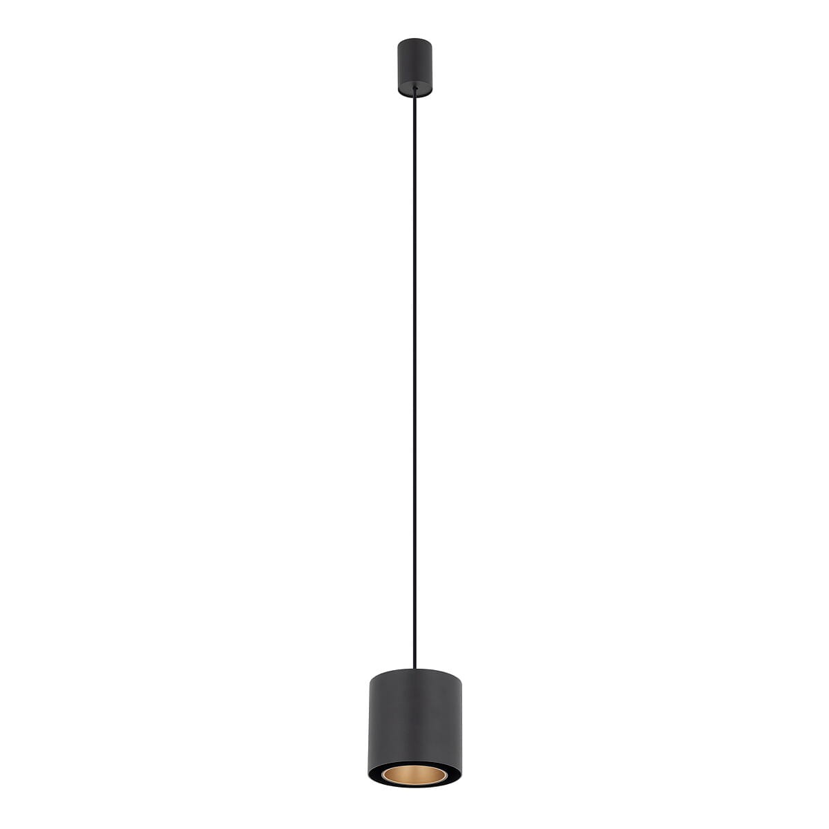 Lampa wisząca Point Duo w kolorze czarnym i złotym, z jednym miejscem na żarówkę GU10. Posiada cylindryczny kształt, zawieszona na cienkim, czarnym przewodzie. Widoczne złote wnętrze klosza, tło białe.
