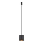 Lampa wisząca Point Duo w kolorze czarnym i złotym, z jednym miejscem na żarówkę GU10. Posiada cylindryczny kształt, zawieszona na cienkim, czarnym przewodzie. Widoczne złote wnętrze klosza, tło białe.