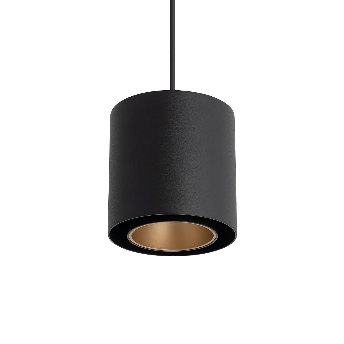 Lampa wisząca Point Duo 1xGU10, w kolorze czarnym z metalicznym złotym wnętrzem. Cylindryczny kształt, zawieszona na cienkim przewodzie, ukazuje połączenie matowej powierzchni z błyszczącym wykończeniem. Idealna do nowoczesnych wnętrz.