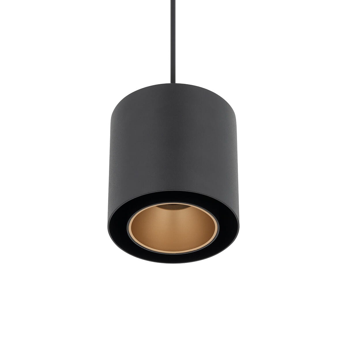 Lampa wisząca Point Duo z jedną oprawą GU10, o cylindrycznym kształcie, w kolorze czarnym z złotym wnętrzem. Zawieszona na cienkim przewodzie, pokazana z dołu, podkreślająca elegancki design. Idealna do nowoczesnych wnętrz.