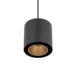 Lampa wisząca Point Duo z jedną oprawą GU10, o cylindrycznym kształcie, w kolorze czarnym z złotym wnętrzem. Zawieszona na cienkim przewodzie, pokazana z dołu, podkreślająca elegancki design. Idealna do nowoczesnych wnętrz.