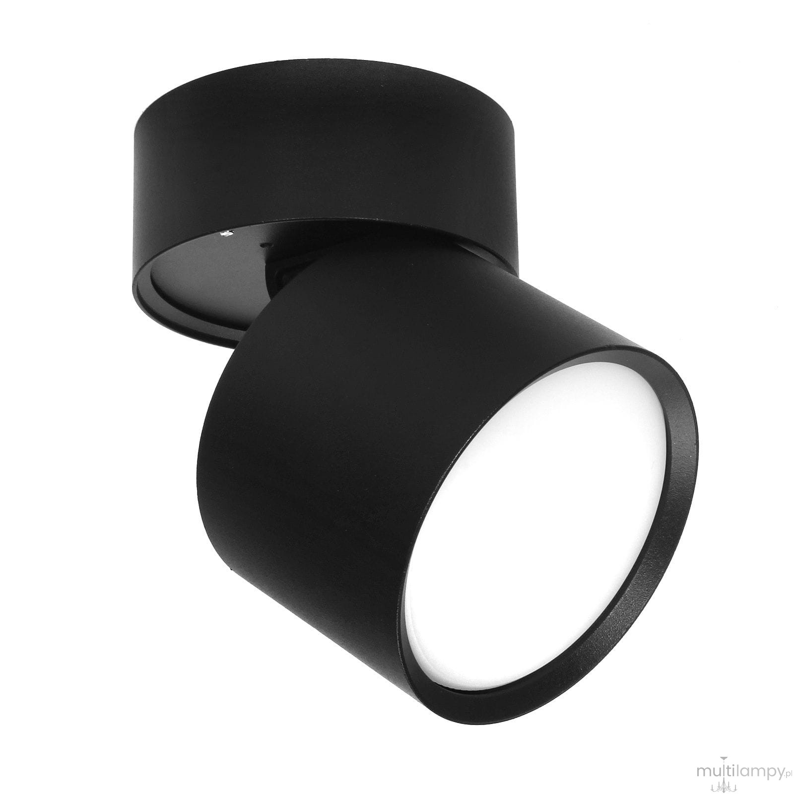 Lampa sufitowa Arto w kolorze czarnym, z metalowym korpusem i pojedynczym miejscem na żarówkę GX53. Ujęcie z boku, ukazujące lekko nachyloną głowicę lampy w kształcie cylindra, z białą osłoną na końcu.