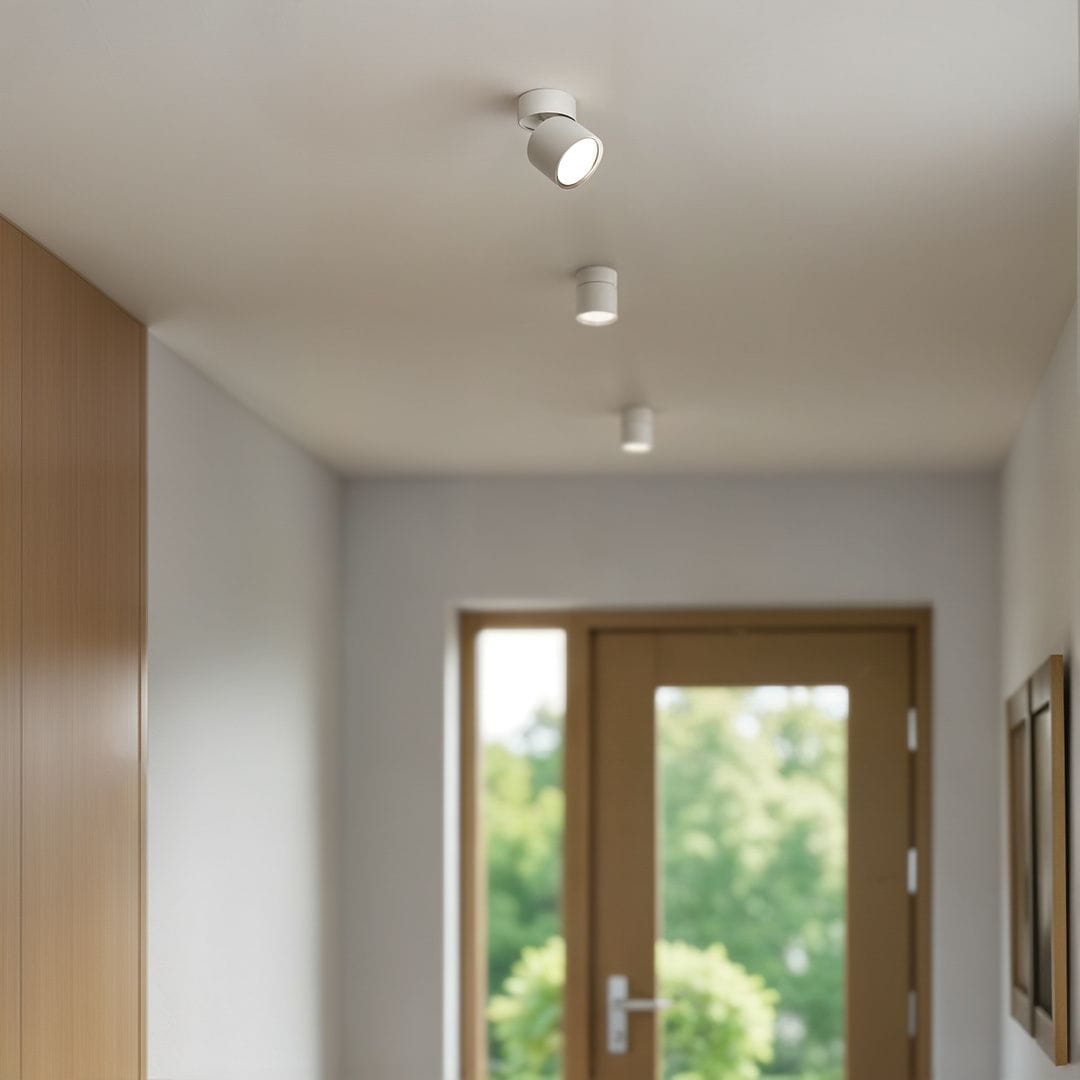 Lampa sufitowa Arto w kolorze białym, z jedną oprawą GX53, zamontowana na suficie. Ujęcie pokazuje lampę w korytarzu, obok drewnianych drzwi i okna, z widocznym światłem emitowanym przez spot. Prosta forma, minimalistyczny design.